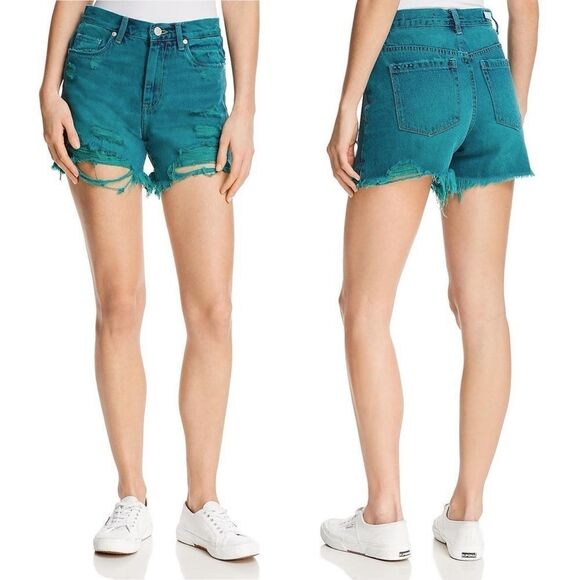 NWT Blank NYC Vintage High-Rise Blue Green Distressed Shorts - Picture 1 of 13